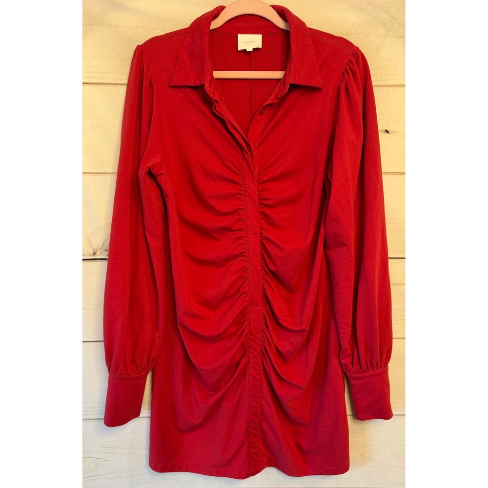 Sundays Red Ruched Mini Shirt Dress Puff Sleeve Pearl Cuffs Size L
